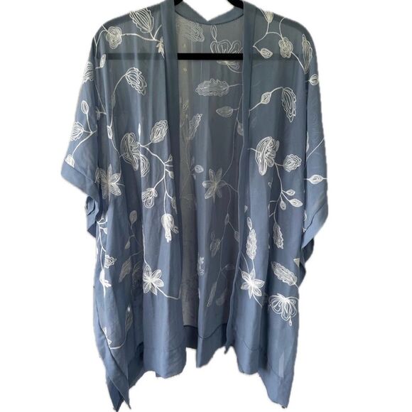 Fame Blue Sheer Boho Embroidered Floral Open Kimono Cardigan Cover Up One Size - Picture 3 of 8